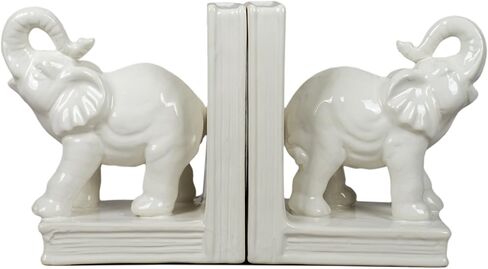 White Glazed Ceramic Elephants Bookend Set in Saudi Arabia