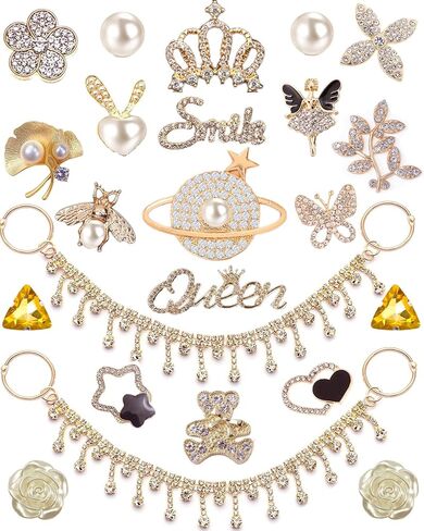 24Pcs Bling Gold Jewelry Shoe Charms Designer Decoration Rhinestone Chain Pearl Gems Rhinestone Luxury Accessories for Women Girls Party Favors Birthday Gifts in Saudi Arabia