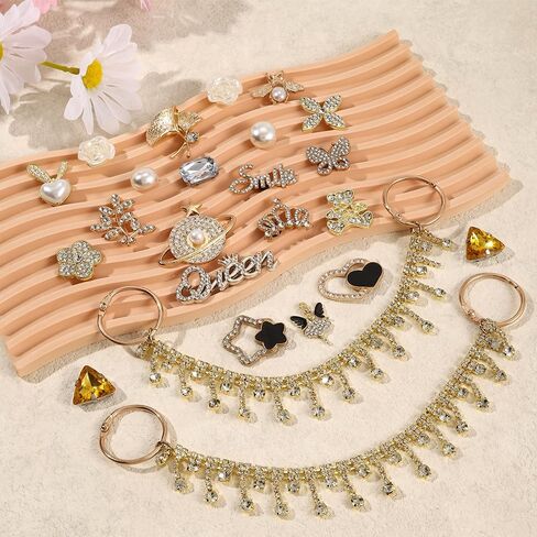 24Pcs Bling Gold Jewelry Shoe Charms Designer Decoration Rhinestone Chain Pearl Gems Rhinestone Luxury Accessories for Women Girls Party Favors Birthday Gifts in Saudi Arabia