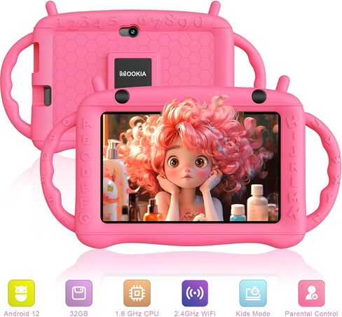 Kids Tablet Android 12 Tablet for Kids 7 inch Learning Tablet Quad-Core 32GB GMS Certified WiFi Bluetooth Dual Camera Parental Control Toddler Tablet with Drop-Proof Case (Pink) in Saudi Arabia