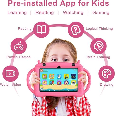 Kids Tablet Android 12 Tablet for Kids 7 inch Learning Tablet Quad-Core 32GB GMS Certified WiFi Bluetooth Dual Camera Parental Control Toddler Tablet with Drop-Proof Case (Pink) in Saudi Arabia