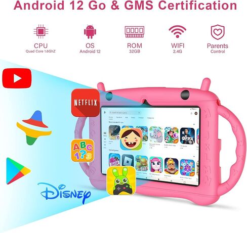 Kids Tablet Android 12 Tablet for Kids 7 inch Learning Tablet Quad-Core 32GB GMS Certified WiFi Bluetooth Dual Camera Parental Control Toddler Tablet with Drop-Proof Case (Pink) in Saudi Arabia