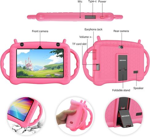 Kids Tablet Android 12 Tablet for Kids 7 inch Learning Tablet Quad-Core 32GB GMS Certified WiFi Bluetooth Dual Camera Parental Control Toddler Tablet with Drop-Proof Case (Pink) in Saudi Arabia