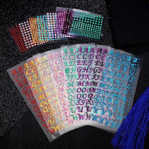 Yexiya 16 Sheets Glitter Alphabet Letter Sticker Decoration Glitter Colorful Alphabet Sticker and Round Rhinestone Sticker Shiny Self-Adhesive Sticker for Grad Cap Craft DIY Scrapbook Greeting Card in Saudi Arabia