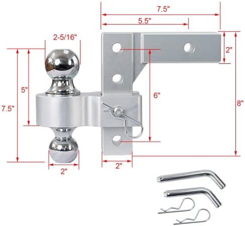 وصلة قطر سحب مقطورة قابلة للتعديل من الألومنيوم مقاس 8 بوصات، وكرات مزدوجة مقاس 2 بوصة و2 5/16 بوصة يصل وزنها إلى 10000 رطل مع ساق من الألومنيوم المُشكل مع دبوس مزدوج (فضي) in Kuwait