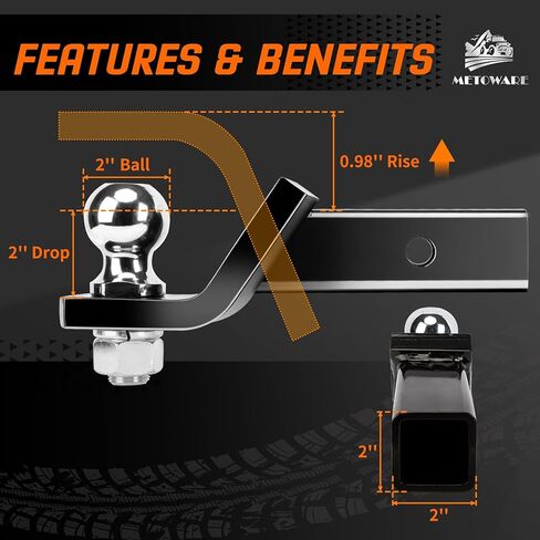 METOWARE كرة وصلة وصلة مقطورة مع مجموعة كرات 2 بوصة، تناسب جهاز استقبال 2 بوصة، وصلة كرة بقدرة 6000 رطل، قطرة 2 بوصة، ساق مجوفة مع قفل وصلة 5/8 بوصة in Kuwait
