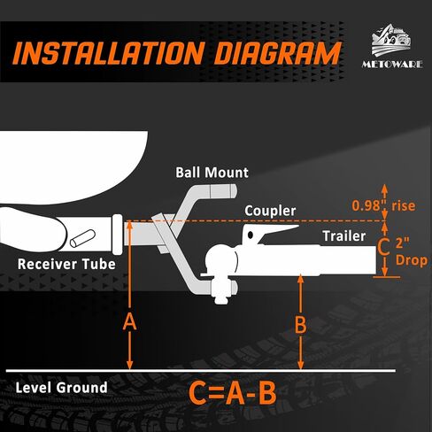 METOWARE كرة وصلة وصلة مقطورة مع مجموعة كرات 2 بوصة، تناسب جهاز استقبال 2 بوصة، وصلة كرة بقدرة 6000 رطل، قطرة 2 بوصة، ساق مجوفة مع قفل وصلة 5/8 بوصة in Kuwait