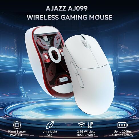 ماوس ألعاب لاسلكي Ajazz AJ099 Superlight، مريح 54 جرام خفيف الوزن للغاية 2.4 جيجا هرتز/ماوس كمبيوتر سلكي، PAW3311 مستشعر بصري 12000 نقطة في البوصة، أزرار قابلة للبرمجة ببطارية 200 ساعة للاعبين PC Win/MAC in Kuwait
