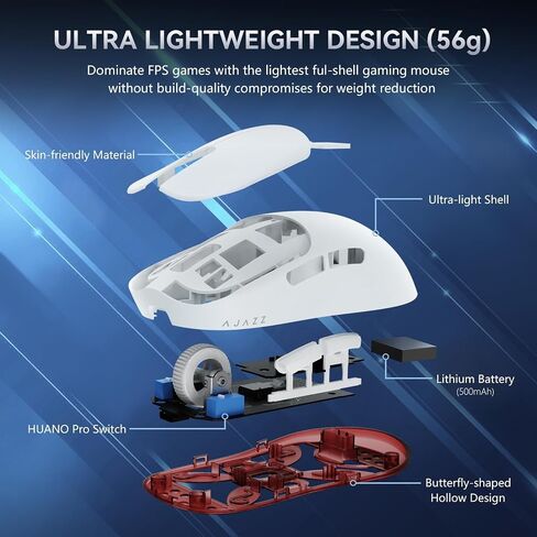 ماوس ألعاب لاسلكي Ajazz AJ099 Superlight، مريح 54 جرام خفيف الوزن للغاية 2.4 جيجا هرتز/ماوس كمبيوتر سلكي، PAW3311 مستشعر بصري 12000 نقطة في البوصة، أزرار قابلة للبرمجة ببطارية 200 ساعة للاعبين PC Win/MAC in Kuwait