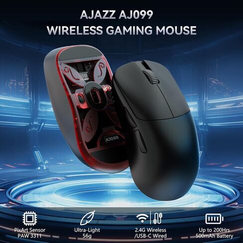 ماوس ألعاب لاسلكي Ajazz AJ099 Superlight، مريح 54 جرام خفيف الوزن للغاية 2.4 جيجا هرتز/ماوس كمبيوتر سلكي، PAW3311 مستشعر بصري 12000 نقطة في البوصة، أزرار قابلة للبرمجة ببطارية 200 ساعة للاعبين PC Win/MAC in Kuwait