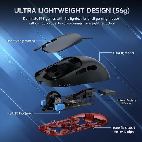 ماوس ألعاب لاسلكي Ajazz AJ099 Superlight، مريح 54 جرام خفيف الوزن للغاية 2.4 جيجا هرتز/ماوس كمبيوتر سلكي، PAW3311 مستشعر بصري 12000 نقطة في البوصة، أزرار قابلة للبرمجة ببطارية 200 ساعة للاعبين PC Win/MAC in Kuwait