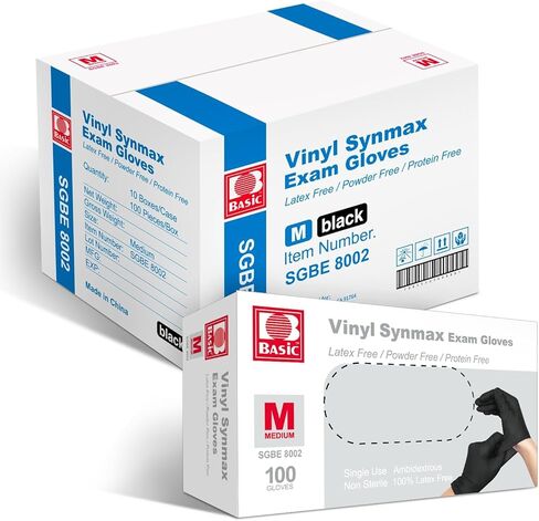 Vinyl Exam Gloves- 4 mil Safty Glove Latex-Free & Powder-Free, SGBE 8004 Synmax Disposable Medical Glove X-Large (Case of 1000, Black) in Kuwait