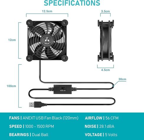 ANEXT, 120mm USB Computer Fan Black, 120mm Fans, Silent Fan for Receiver DVR PlayStation Xbox Computer Cabinet Cooling, Single in Kuwait