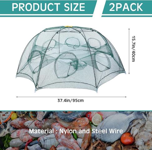 Shappy 2 Pcs Crawfish Trap 8 Hole, 37.4 Inch Fishing Bait Trap Fish Traps Foldable Fish Net with 19.7 Feet Rope Bait Net Cage for Catching Small Bait Fish Crab Lobster Easy Transportation and Storage in Saudi Arabia