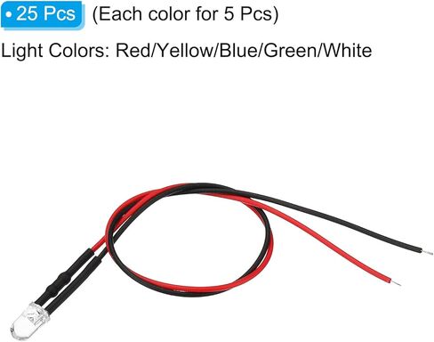 PATIKIL 3V - 6V 5 مم LED صمامات باعثة للضوء، 25 حزمة مصابيح LED صغيرة سلكية مسبقًا لمبة باعثة للضوء لتزيين إضاءة مؤشر RC DIY، 5 ألوان in Kuwait