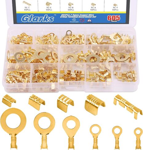 Glarks 660Pcs 2 Types Copper Wire CrimpTerminal Assortment Set Non-Insulated Copper Ring Spade Butt Lugs Open Barrel Connectors Kit in Saudi Arabia