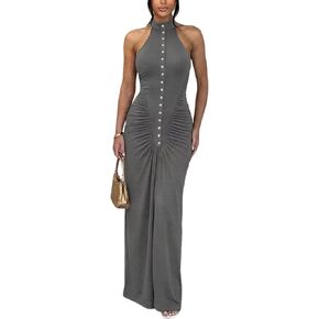 Ekaliy Women's Sexy Halter Maxi Dress Sleeveless Bodycon Ruched Long Dresses Summer Party Cocktail Club Dress in Kuwait