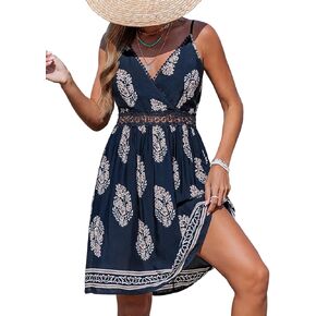 CUPSHE Women Summer Mini Dress Lace V Neck Tropical Floral Backless Cami Strap Waist Cutout A Line Short Beach Sun Dress in Kuwait