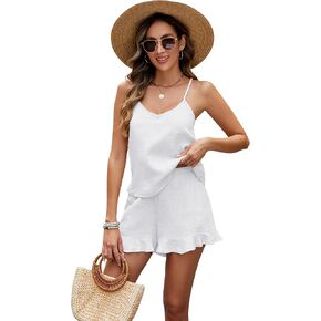 المرأة 100% الكتان 2 قطعة ملابس الصيف الخامس الرقبة قابل للتعديل السباغيتي حزام تانك القمم عالية الخصر شورت مكشكش مجموعات in Kuwait