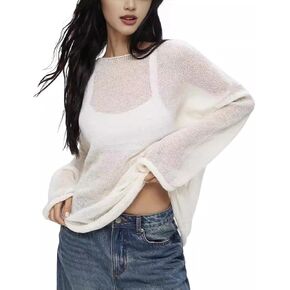 Women Oversized Sheer Mesh Knit Sweater Tops Lightweight Y2K Summer Loose Long Sleeve Pullover Shirt Beach in Kuwait