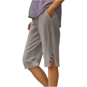 Linen Bermuda Shorts for Women Knee Length 2026 Summer Casual Elastic Waisted Shorts with Pockets Travel Lounge Pant in Kuwait