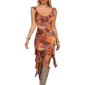 فستان قصير مثير للنساء من ABMOIU برقبة على شكل V بدون أكمام وكشكشة وحاشية شبكية فساتين قصيرة للحفلات والنوادي in Kuwait