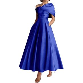 فستان أم العروس بكتف واحد من الساتان على شكل حرف A مطوي بطول الشاي مع فيونكة in Kuwait