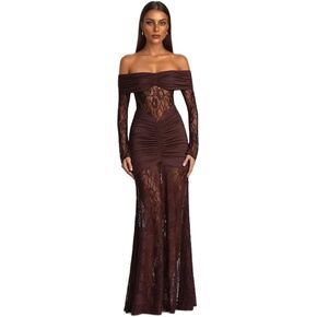 Women's Off Shoulder Maxi Lace Prom Dress Elegant Long Sleeve Ruched Formal Cocktail Party Maxi Everning Dress in Kuwait