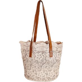 Women Flower Embroidery Tote Frosted Silk Straw Bag Summer Seaside Travel Vacation Beach Bag Shoulder Retro Lace Handbag (Brown-1) in Kuwait