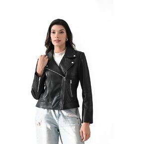 Women's Genuine Black Leather Biker Jacket – Stylish Moto Crop Fit with Zip Details in Saudi Arabia