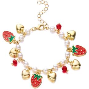 LOTSOF 18K Gold Plated Strawberry Cherry Heart Pearl Bracelet for Women Cute Fruit Adjustable Bracelets Christmas Holiday Birthday Gift Jewelry for Women in Kuwait