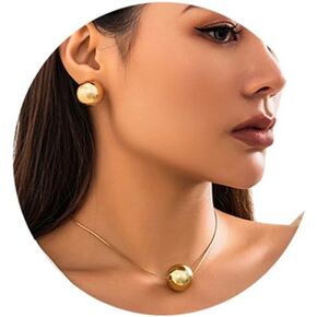 مجموعة مجوهرات من الخرز الكبير على شكل كرة قلادة وأقراط مجموعة مجوهرات على شكل عظمة الثعبان وقلادة على شكل كرة ذهبية وسلسلة مجوهرات لحفلات الزفاف للنساء (ذهبي) in Kuwait