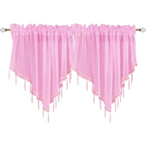 Beaded Sheer Windows Valance 51.1 in W x 23.6 in L, Scalloped Kitchen Curtain, Bathroom Swag Sheer with Rod Pocket, Short Valance Drape for Bedroom Living Room (3Pcs Pink) in Kuwait