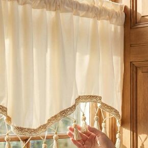 Molaxhome Scalloped Valance Curtains - Solid Colour Velvet Curtains Matching with Tassels for Living Room,Bedroom and Dormitory (Beige, 51.2W x 15.3L) in Kuwait