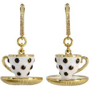Alice in Wonderland Tea Party Polka Dot Teacup Dangle Earrings, Lewis Carroll Wonderland Inspired Jewelry, Enamel Teacups, Gold Tone CZ Studded Leverback in Saudi Arabia