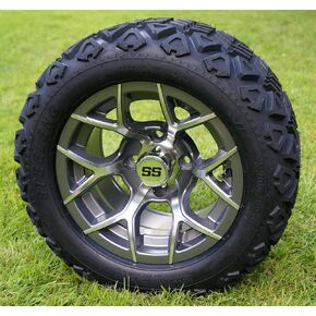 12" RALLY Gunmetal Golf Cart Wheels and 20x10-12 DOT All Terrain Golf Cart Tires - Set of 4 - NO LIFT REQUIRED (read description) in Kuwait