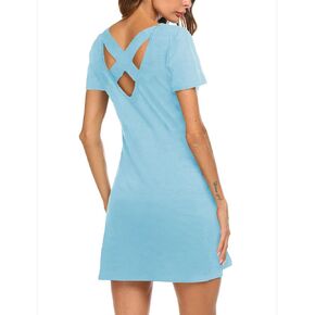 فستان تي شيرت نسائي كاجوال مخطط متقاطع بأكمام قصيرة مع جيوب من Feager in Kuwait