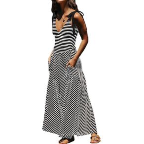 Women Casual Summer Striped Dresses Smocked V Neck Bow Beach Dress Sleeveless Sundress Beach Long Flowy Dress in Kuwait