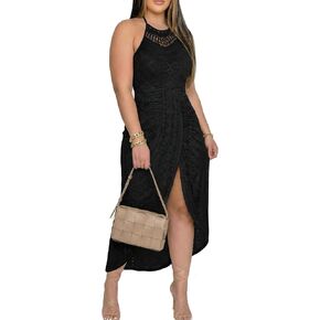 فستان Max2co للسيدات بمقاس كبير فستان هالتر بدون أكمام ومطرز بالعين فساتين ماكسي مفرغة وربطة عنق للصيف والشاطئ فستان طويل للشمس in Kuwait