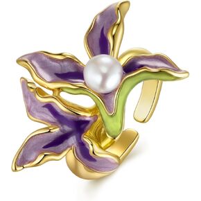 Gold Purple Enamel Floral Pearl Adjustable Statement Open Ring for Women, Violet Orchid Flower Leaf Summer Beach Handmade Unique Band, Chunky Stackable Cute Cuff Cocktail Ring Birthday Gift, Natural Bold Exaggerated Irregular Trendy Jewelry, Fashion Acces in Kuwait
