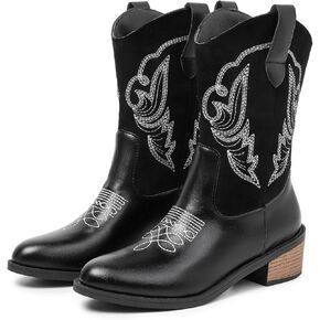 Womens Cowboy Boots Embroidered Mid Calf Western Chunky Heel Snip Toe Cowgirl for Women in Saudi Arabia