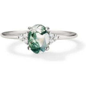PERIMADE 925 Sterling Silver Natural Moss Agate Stacking Ring 18K Gold Plated Cubic Zirconia Solitaire Oval Cut Crystal Engagement Wedding Promise Stackable Ring for Women Hypoallergenic Jewelry Gift in Kuwait