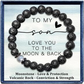 هدية للابن من الأم والأب - سوار من الحجر الطبيعي للأولاد المراهقين، سوار ابن ذو مغزى مع صخرة الحمم البركانية من حجر القمر، هدية عيد ميلاد التخرج وعيد الفصح للأولاد المراهقين والرجال in Kuwait