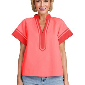 بلوزة نسائية صيفية من HangNiFang ذات ألوان متعددة ورقبة على شكل حرف V وأكمام قصيرة من القطن بوهو in Kuwait