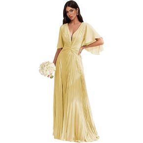 Chiffon Formal Dresses for Bridesmaid Flutter Sleeves Pleated V-Neck Ruffles Long A-Line Wedding Guest Dress L04003 in Kuwait
