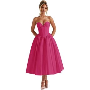 UZN Strapless Prom Dresses for Women Satin 2026 Tea Length A Line Corset Formal Evening Party Gowns in Kuwait
