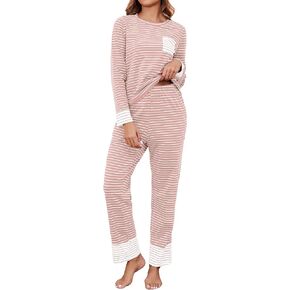 طقم بيجامة نسائي قطني بأكمام طويلة مكون من قطعتين طقم صالة ناعم من Pj طقم ملابس نوم شتوية مع جيوب بيجامة ما بعد الولادة وردي S in Kuwait