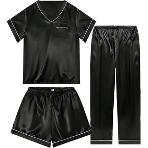 3 Piece Silk Satin Pajamas Set for Women Soft Silky Summer Pjs Short Sleeve V Neck Sleepwear, S-XXL in Kuwait