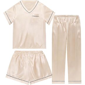 3 Piece Silk Satin Pajamas Set for Women Soft Silky Summer Pjs Short Sleeve V Neck Sleepwear, S-XXL in Saudi Arabia