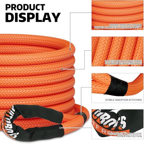AUTOBOTS Kinetic Recovery Rope 1" x 20' (48,000lbs)+2 Soft Shackles Heavy Duty Kinetic Tow Rope for Truck ATV UTV SUV Offroad Recovery Kit in Kuwait